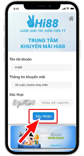 Bước 4: Nhập " Tên tài khoản" → Chọn mã khuyến mãi "SB03- vé cược casino may mắn" → Nhập mã xác thực.